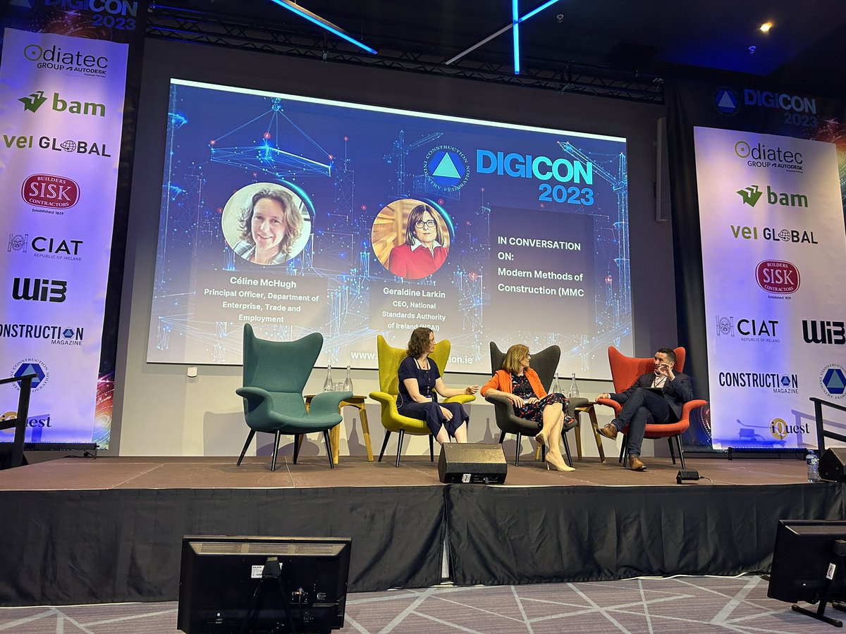 NSAI_Standards's tweet photo. NSAI CEO Geraldine Larkin and @DeptEnterprise’s Celine McHugh discussing aligning to tackle the challenges in driving through supporting policy and standards in the area of modern methods of construction at @CIF_Ireland’s Digicon 2023!

#digiconsummit https://t.co/oxzx5EIScF
