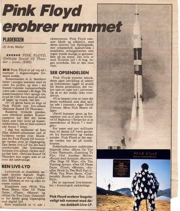 LKosmonautika's tweet photo. #PinkFloyd e #Sojuz...
26/11/1988, lancio della Sojuz TM-7 verso la #Mir.
I due #cosmonauti #Krikalev e #Volkov suonarono la #cassetta di "The delicate sound of thunder" durante il volo verso lo spazio.
A #Baikonur, ad assistere al lancio, Nick #Mason e David #Gilmour🚀 https://t.co/UGDGvmZtdY