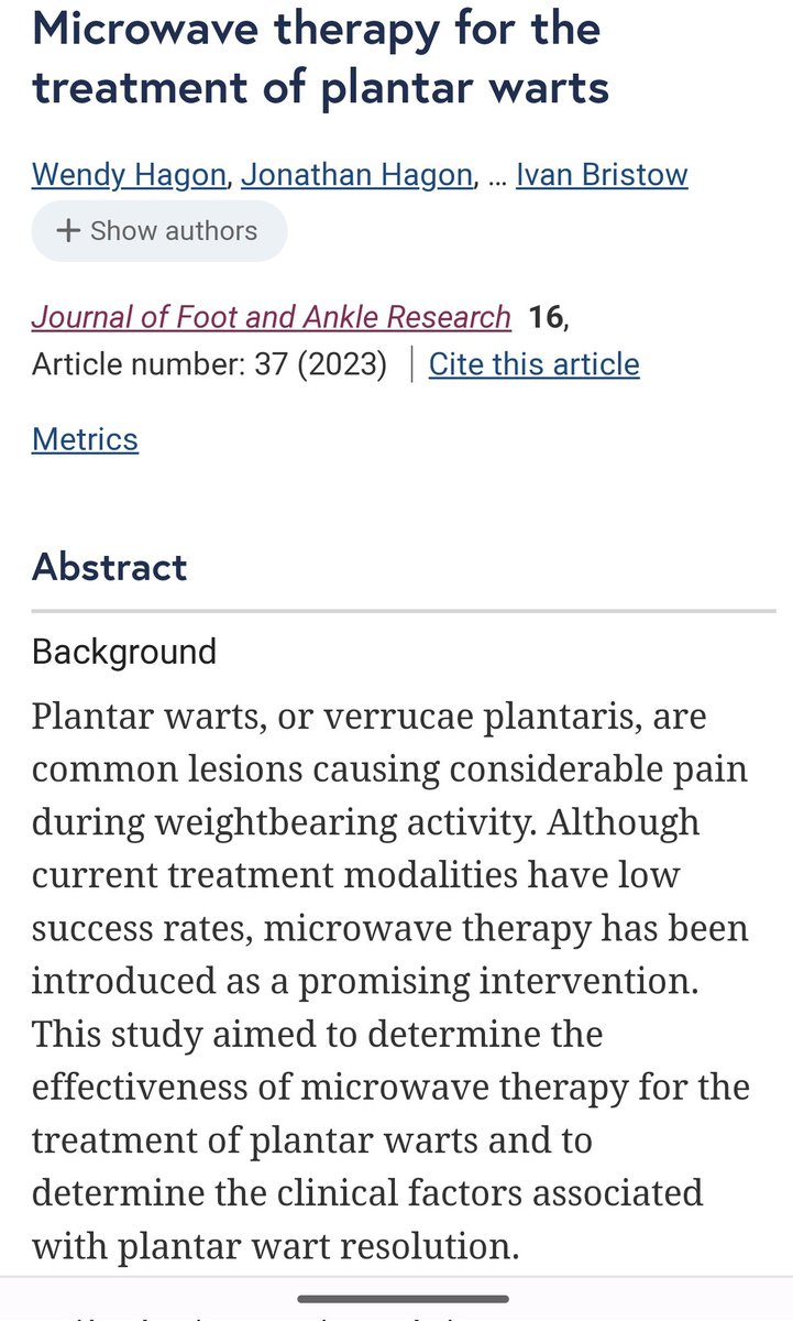 New data from New Zealand on Swift Microwave treatment of plantar warts published today in @jfootankleres . jfootankleres.biomedcentral.com/articles/10.11… @swift_treatment