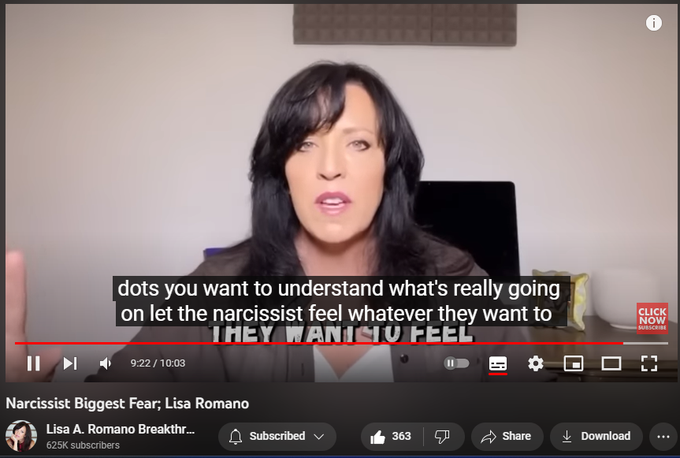 Narcissist Biggest Fear; Lisa Romano
https://www.youtube.com/watch?v=QbZdB4f_Szw
2,968 views  14 Jun 2023  5 Mind Games Narcissists Love to Play
#narcissist #narcissism #gaslighting Narcissists are known for gaslighting, lacking empathy, and creating cognitive dissonance in their targets. However, narcissists have fears like everyone else, and their biggest fear is their target awakening to the games they play. Narcissists live in a false reality within their minds, and to feel safe and in control, they need others to mirror back their grandiose sense of self. 

Narcissists are afraid of others seeing their flaws. A narcissist worries that others will not reinforce their uniqueness or encourage their entitlement. When a target of a narcissist begins to awaken to the power games a narcissist needs to play, the outer universe begins to clash with its inner universe. 

This short video helps explain one of the narcissist's biggest fears.

FREE ✅ Codependency Quiz 
https://www.lisaaromano.