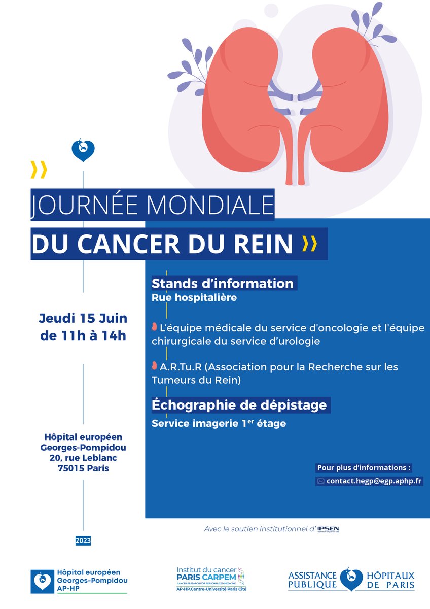 Hôpital européen Georges-Pompidou AP-HP (@hopitalpompidou) on Twitter photo #JourneeMondialeDuCancerDuRein Aujourd'hui jusqu'à 14h à l'<a href="/HopitalPompidou/">Hôpital européen Georges-Pompidou AP-HP</a> <a href="/APHP/">Assistance Publique – Hôpitaux de Paris (AP-HP)</a>
venez rencontrer les équipes médicales d'oncologie et chirurgicales d'urologie ainsi que l'<a href="/AssoARTuR/">A.R.Tu.R.</a> et bénéficier d'une échographie de dépistage
@mejean <a href="/UrologieParis/">Marc-Olivier Timsit, MD, PhD 🎗️</a> <a href="/laconss/">Constance Thibault</a> #JourneeMondialeDuCancerDuRein Aujourd'hui jusqu'à 14h à l'<a href="/HopitalPompidou/">Hôpital européen Georges-Pompidou AP-HP</a> <a href="/APHP/">Assistance Publique – Hôpitaux de Paris (AP-HP)</a>
venez rencontrer les équipes médicales d'oncologie et chirurgicales d'urologie ainsi que l'<a href="/AssoARTuR/">A.R.Tu.R.</a> et bénéficier d'une échographie de dépistage
@mejean <a href="/UrologieParis/">Marc-Olivier Timsit, MD, PhD 🎗️</a> <a href="/laconss/">Constance Thibault</a>