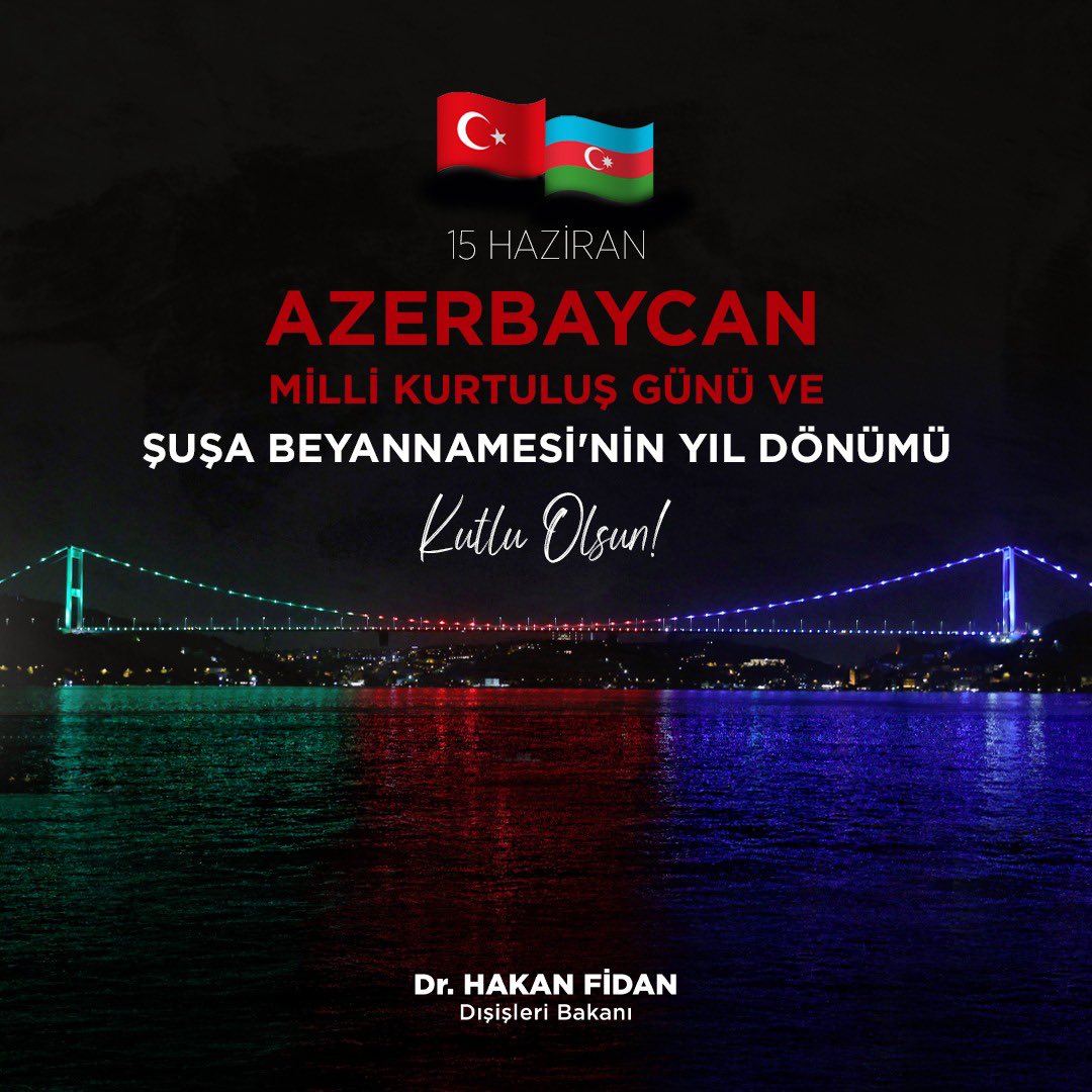Bugün hem #CanAzerbaycan’ın Milli Kurtuluş Günü hem aramızdaki doğal ittifakı daha da güçlü kılan “Şuşa Beyannamesi”nin yıl dönümü. Kutlu olsun!

Acımızın ve sevincimizin her daim bir olduğu Azerbaycanlı kardeşlerimizle #TekMilletİkiDevletiz.🇹🇷🇦🇿

@Bayramov_Jeyhun