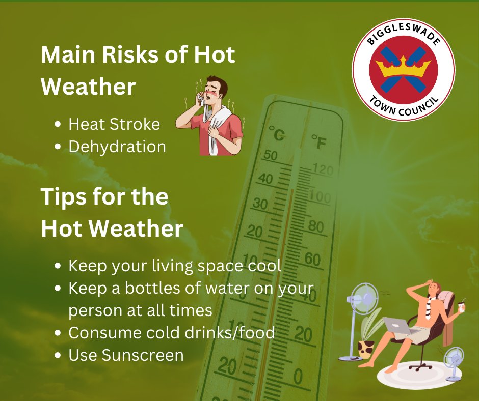 Stay cool, Biggleswade! ☀️🌡️ 

As temperatures rise, remember to stay hydrated and seek shade when possible. 🥵

Let's beat the heatwave together! 🕶️

For more information, navigate to the link below:
gov.uk/government/pub…

#welovebiggleswade
#staycoolbiggleswade