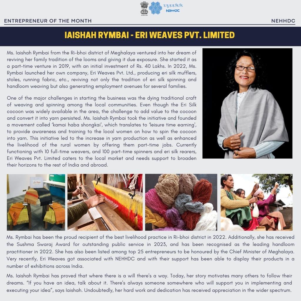 nehhdc's tweet photo. Ms. Iaishah Rymbai from Meghalaya has been reviving the dying art of weaving, and providing livelihood to more than 100 local women through "Eri Weaves". We are proud to support and promote such women of value for their entrepreneurial zeal
@MDoNER_India @NEC_GoI @TribalAffairsIn https://t.co/zTkZuyNDAh