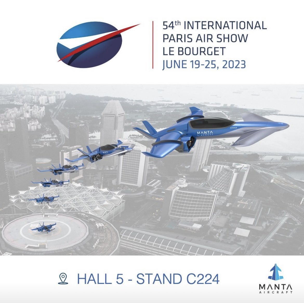 MantaAircraft's tweet photo. We're thrilled to participate in this year's prestigious International Paris Air Show! 

🗓️ Save the Date: June 19-25
📍 Hall 5 - Stand C224

We're counting down the days and looking forward to meeting you at the show next week. 

#ParisAirShow2023 #eVSTOL #AAM #Innovation https://t.co/PpR6pjXAir