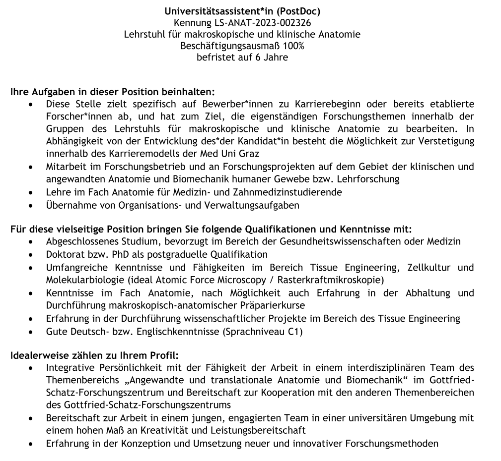 We are looking for new team members 2/2:

We are looking for 1 Postdoc (100%) with a background in tissue engineering, cell culture and molecular biology.

PM us if you have further questions.

#postdocjobs #phdchat 

medunigraz.at/offene-stellen…