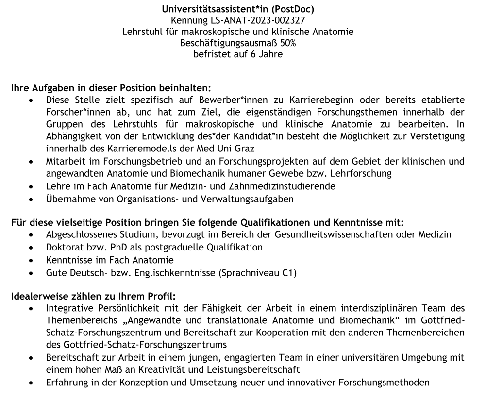 We are looking for new team members 1/2:  

We are looking for 1 Postdoc (50%) interested in translational anatomy and #biomechanics.  

PM us if you have further questions.  

#postdocjobs #phdchat
medunigraz.at/offene-stellen…