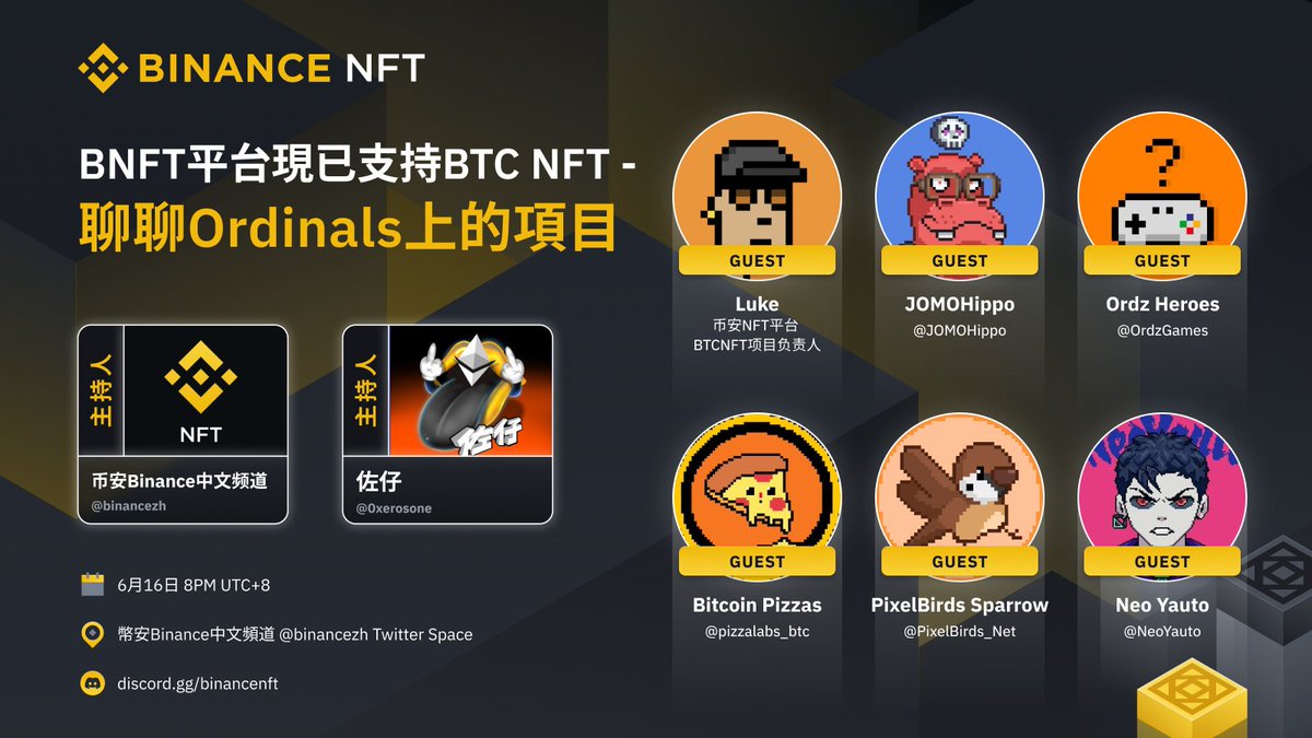 【#BinanceSpaces】#Binance NFT平台现已支持 #BTC NFT，聊聊 #Ordinals 上的项目

🎙️主持
@TheBinanceNFT
@0xerosone

🎤嘉宾
<a href="/JOMOHippo/">Fuzzy Fox & JOMO Hippo | Ordinals</a>
@ordzgames
<a href="/pizzalabs_btc/">Bitcoin Pizzas 比特披 by Pizza Labs</a>
@pixelbirds_net
<a href="/NeoYauto/">𝙉𝙀𝙊 𝙔𝘼𝙐𝙏𝙊 🟧 新妖都</a>

🌕关注 <a href="/binancezh/">币安Binance华语</a> +RT+@三好友，赢 #币安 背包x3
📍6.16 20:00提问赢T恤，锁定x.com/i/spaces/1mnxe…