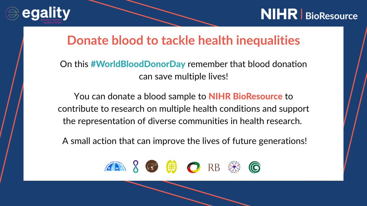 We know the importance of #blooddonation in supporting #healthresearch &amp; increasing representation from diverse communities to address #healthinequalities. Join <a href="/NIHRBioResource/">NIHR BioResource</a> today
bit.ly/bioresource-sa…

#WorldBloodDonorDay #MakingResearchInclusive #healthcareforall