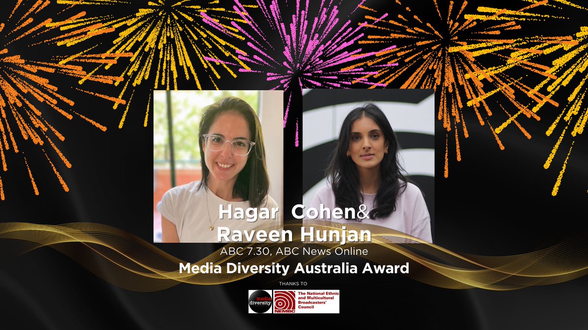 The 2023 Media Diversity Australia Award goes to Hagar Cohen (@hagarco) and Raveen Hunjan (@RaveenHunjan), @ABCnews @abc730. Congratulations! #MidYearAwards. Supported by @MediaDiverseAU @nembc_official