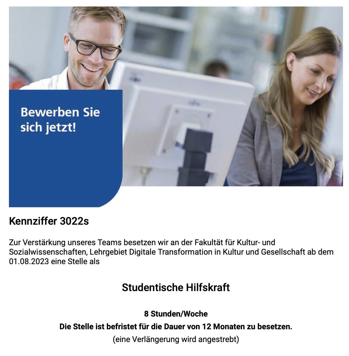 📢Gerne RT: Das Lehrgebiet Digitale Transformation in Kultur und Gesellschaft von Jennifer Eickelmann sucht eine SHK ab dem 1.8.

Die Bewerbungsfrist endet am 13.07.2023.

Mehr Infos: fernuni-hagen.de/uniintern/arbe…