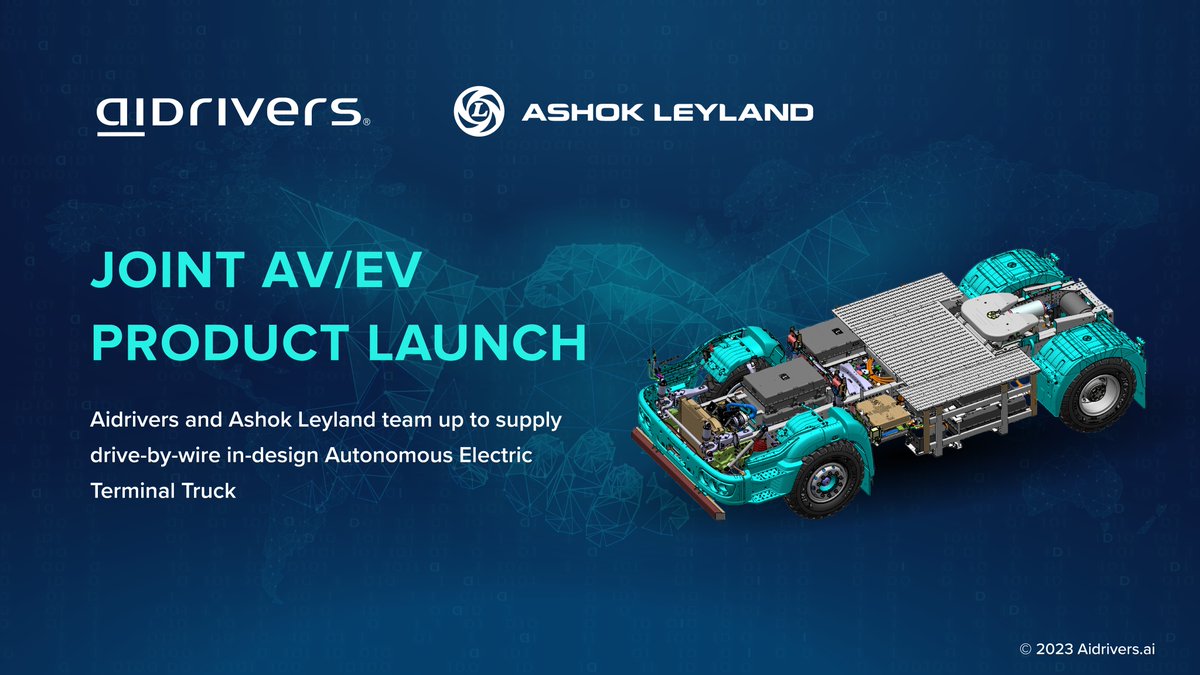 aidriversltd's tweet photo. #Aidrivers and Ashok Leyland team up to supply drive-by-wire in-design #Autonomous #Electric Terminal Truck (AV/EV) to meet the #port industry needs for #netzero #emissions, #resiliency and #sustainability 

https://t.co/HuhB7PKkM7

#AutonomousTruck #SustainableAutonomy https://t.co/GSDC0S7udW