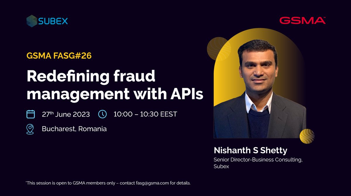 subex's tweet photo. Join us as we take the stage to speak on the intriguing topic of "Redefining Fraud Management with APIs” at the upcoming GSMA FASG#26 event.
Place: Bucharest, Romania
Date: 27th June
Register here: https://t.co/i4jzcB4Wtj
#GSMA #FASG26 #FraudManagement #TelecomFraud #APIs https://t.co/TEsOyYOQxM