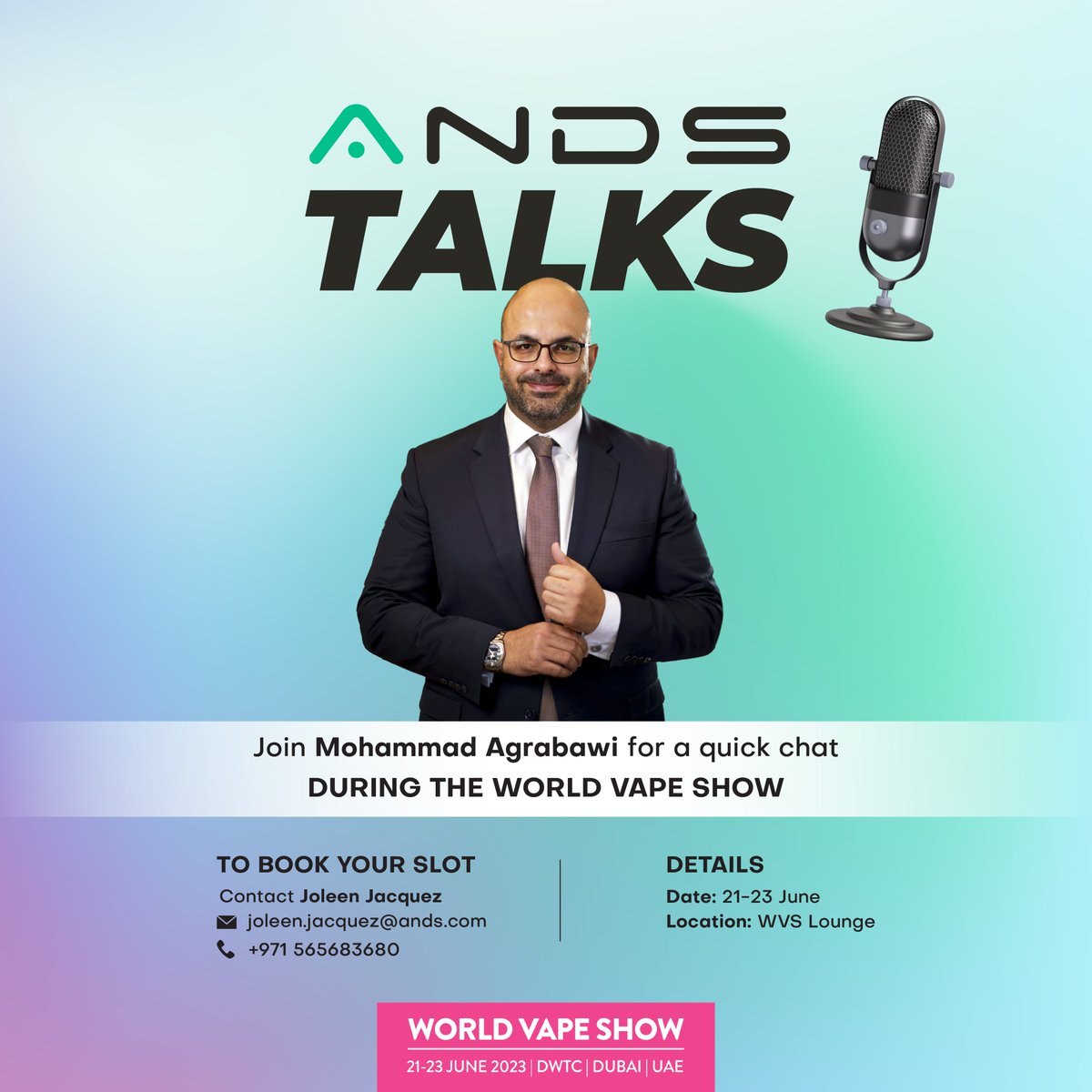 If you’re visiting the World Vape Show, join us at ANDS Talks and have a quick chat with Mohammad Agrabawi. Book your slot now!

haven’t registered yet? get your FREE ticket now >> bit.ly/42o2SeG
 #worldvapeshow #wvsdubai #ands