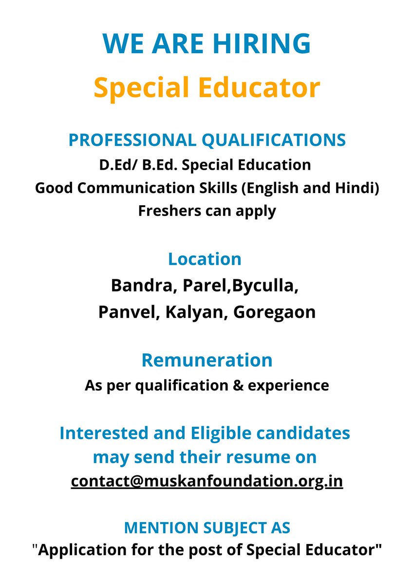 We are Hiring for the post of 'Special Educator '

Send us your resumes at:
contact@muskanfoundation.org.in

#muskanfoundation
#multipledisabilities #hiring #occupationaltherapy
#wearehiring #MuskanFoundation #jobs #vacancyjob #ApplyNow