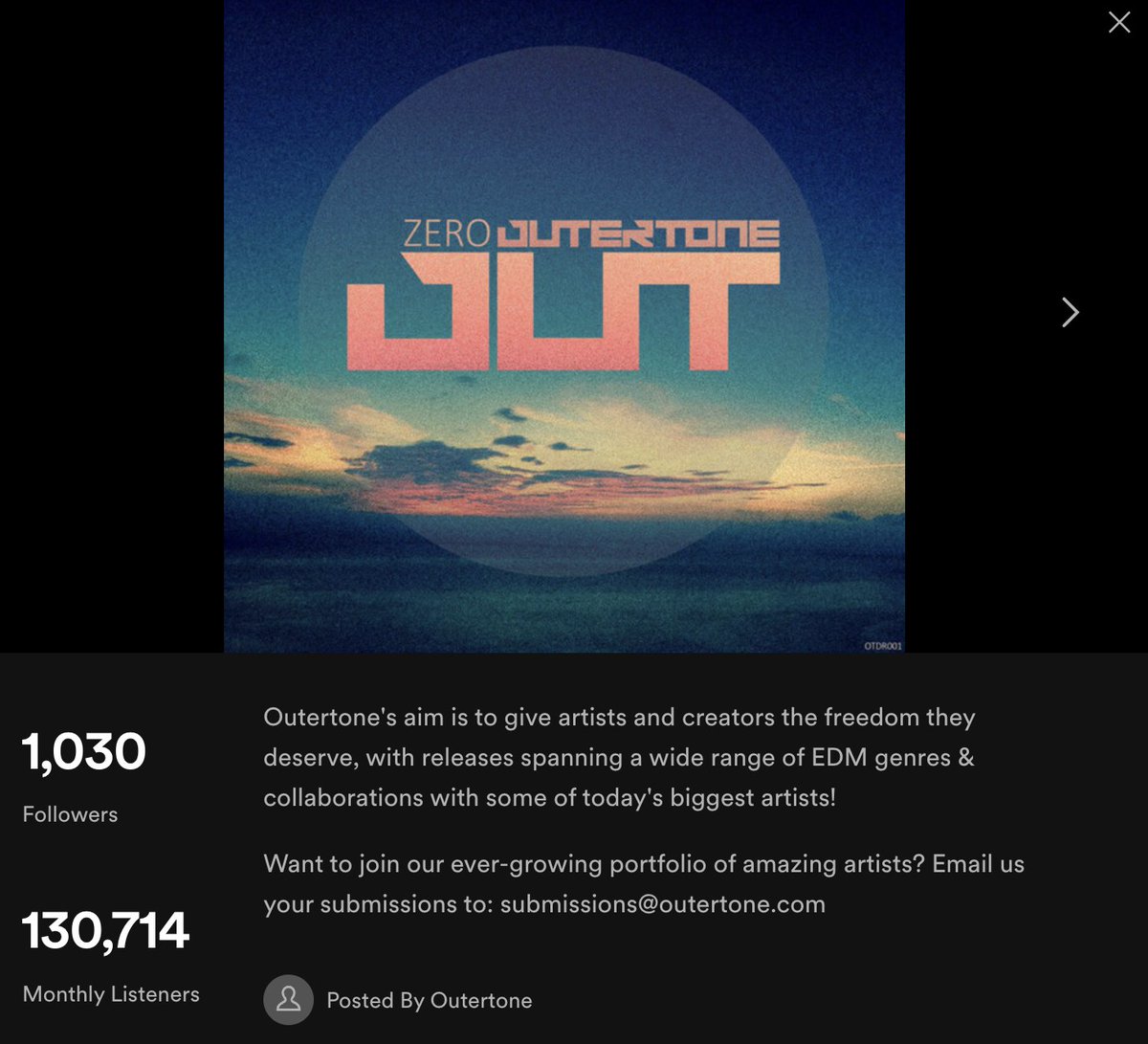 Outertonemusic's tweet photo. We recently hit 1000 followers on Spotify.

It's so awesome to see people are loving the changes we've made.

Imagine if all 1,030 of you joined our Discord? We are really trying to make it the best place to keep up with everything Outertone!

Check out our bio to join🎉 https://t.co/ez3oYVQUFH