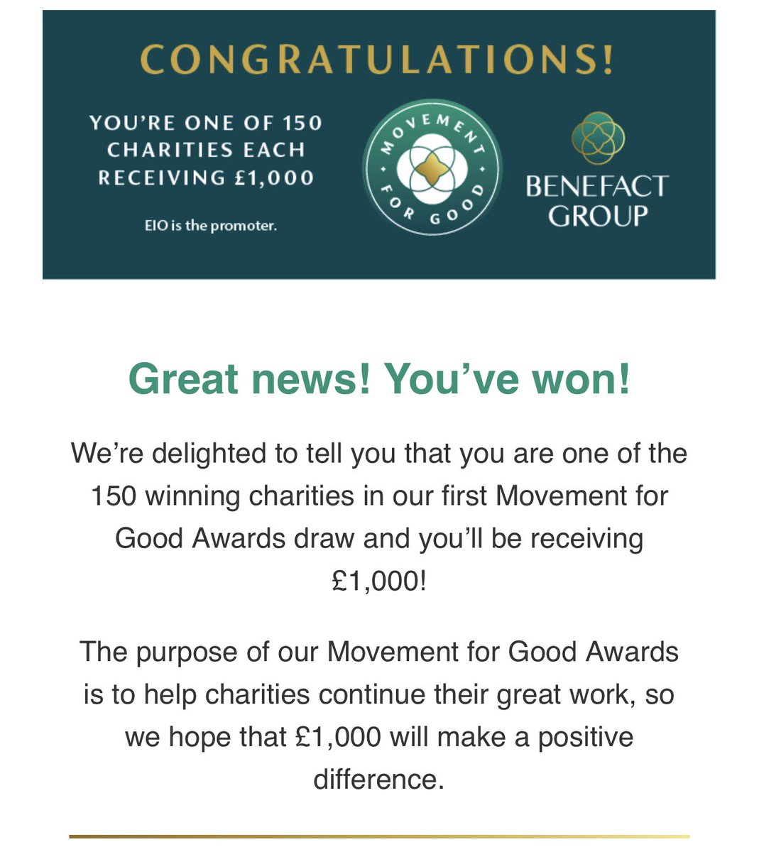 Amazing news we won £1,000 🎉🎉🎉 thank you to everyone who took time to vote for our charity we cannot thank you enough this will make a massive difference in helping the RPDs we support #Movementforgood @benefactgroup 🐾🐾