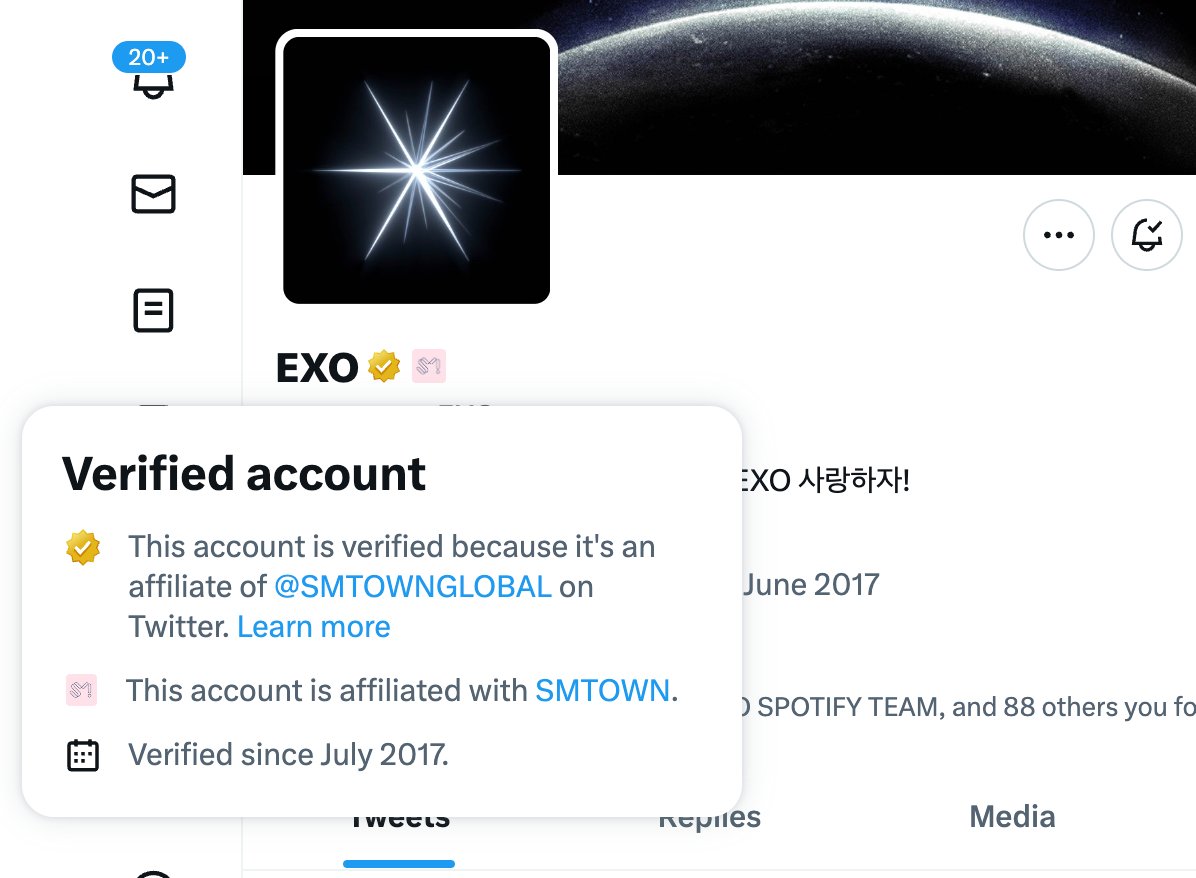 EXO's official Twitter account is now listed as an affiliate of SMTOWN, gaining the company's badge.
