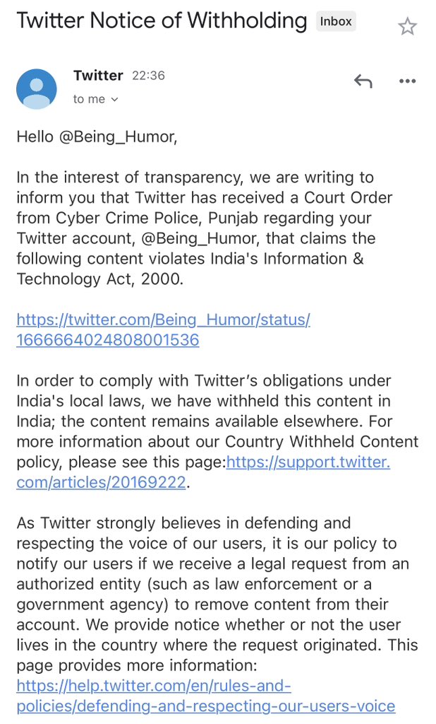 Just now two police men came to my home where my parents live and said that there is a notice against me from Mohali. 

They didn’t tell their identity neither they gave any notice, waited for five mins and left. 

A few days back I got a mail from twitter for a tweet where I