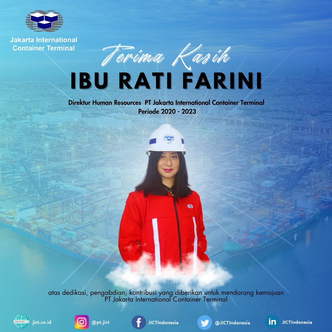 JICTIndonesia's tweet photo. Segenap keluarga besar PT Jakarta International Container Terminal mengucapkan terima kasih kepada Ibu Rati Farini atas dedikasi, pengabdian, kontribusi yang diberikan untuk mendorong kemajuan PT #JICT. Semoga dalam purnabakti ini, kebahagiaan dan kesehatan selalu menyertai ibu. https://t.co/q6EntY8xfV