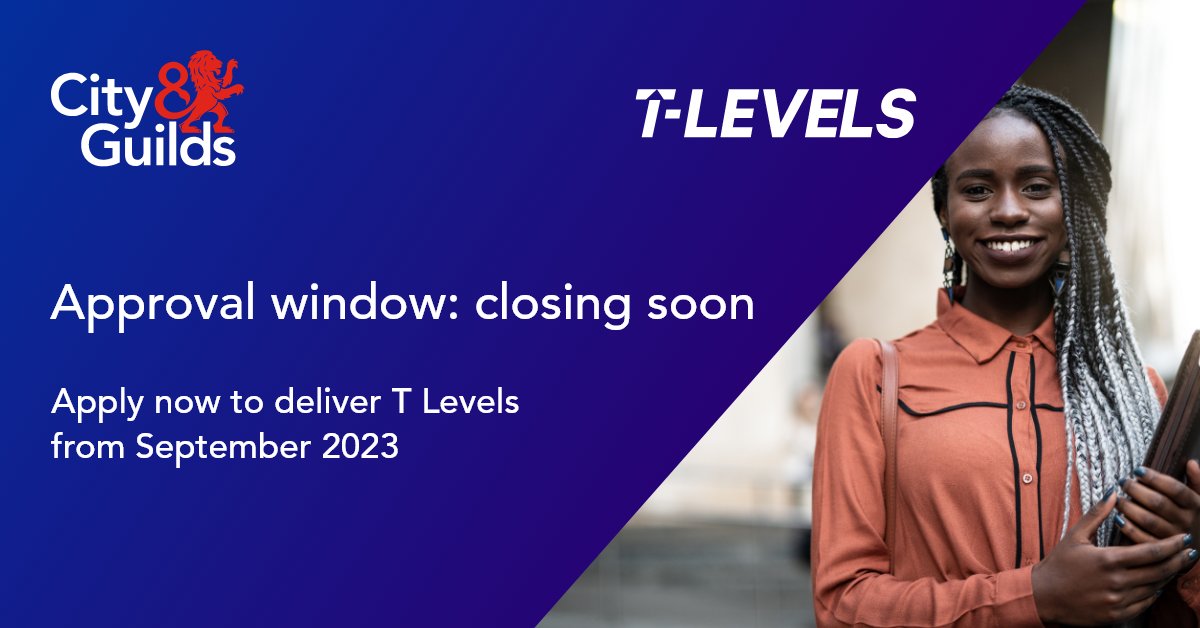 cityandguilds's tweet photo. Time is running out! The approval window for applying to deliver T Levels closes in two weeks.
To learn more about the application process and the benefits of delivering #TLevels, visit our website.
https://t.co/TCfBI14UeG
#CGTLevels #EALTLevels #ILMTLevels #TechnicalEducation https://t.co/PXBZ54nKeT