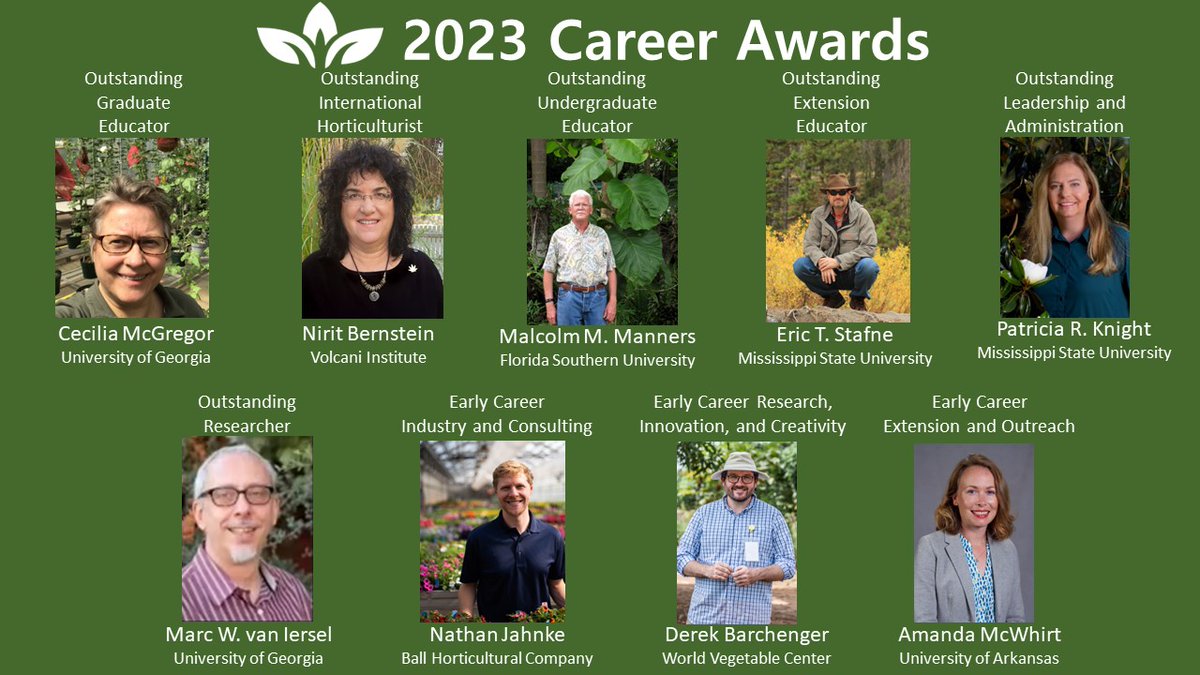 Congratulations to the 2023 ASHS Career Awardees - Cecilia McGregor, Nirit Bernstein, Malcolm M. Manners, Eric T. Stafne, Patricia R. Knight, Marc W. van Iersel, Nathan Jahnke, Derek Barchenger, and Amanda McWhirt!