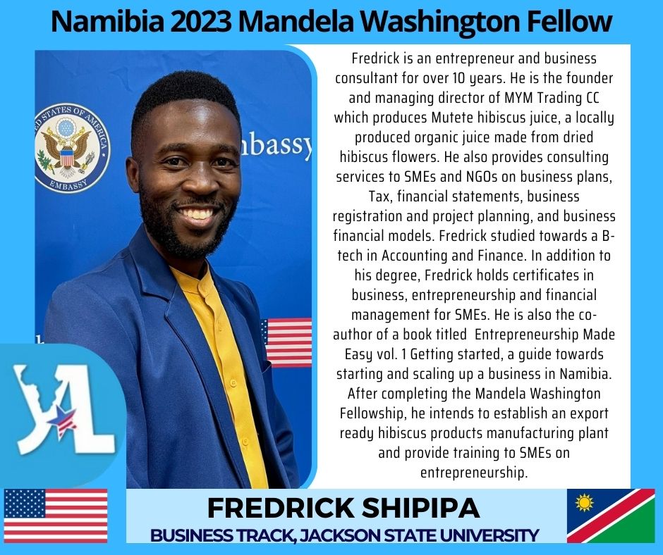 #Namibia, meet Fredrick Shipipa, one of our 2023 @WashFellowship (#YALI2023) Fellow. He will be studying Leadership in Business at the @JacksonStateU.

#usembassynamibia @YALI_SAfrica #mwf2023