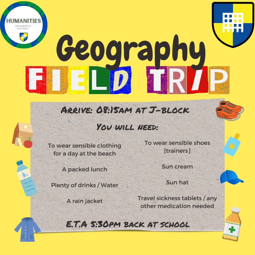 A week today Year 10 will be going on their geography fieldwork trip to the sand dunes. Below is a reminder of key details for the trip on the 22nd July. 🌍☀️🧴🥤 #TeamHeanor #GeographyFieldwork