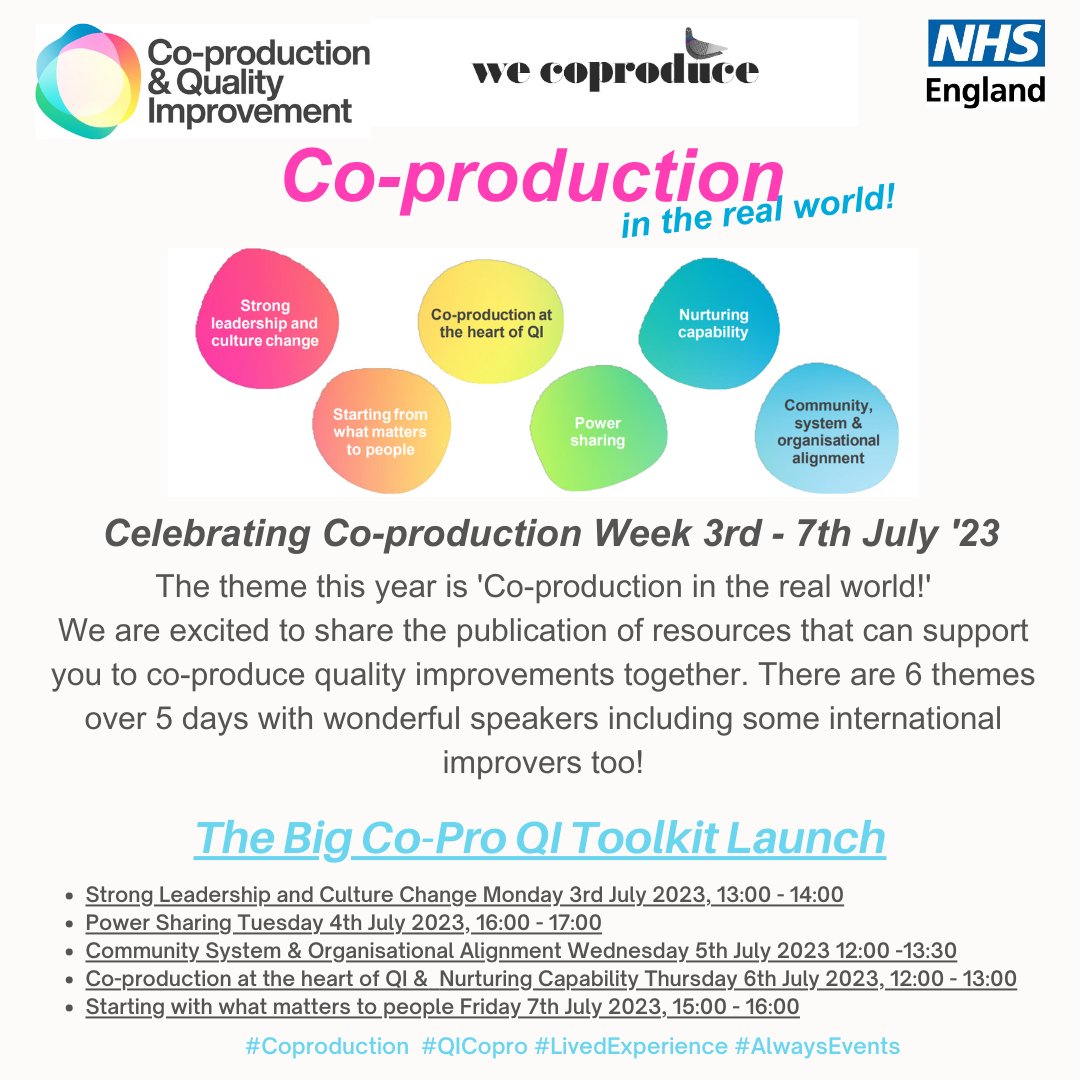 We would love you to join the #ExpOfCare @NHSEngland Celebrating #coproweek 3rd-7th July Virtual Event.
Book your place today on this link for Monday 3rd July and other days in comments below! events.england.nhs.uk/events/co-prod…
#QICopro #QITwitter #LeadingQI #LivedExperience #coproduction