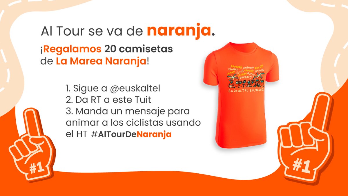 euskaltel's tweet photo. 🎉🧡 #CONCURSO 🧡🎉

Queremos que vayáis al Tour a animar como solo nosotros sabemos, de naranja. Por eso… ¡Regalamos 20 camisetas de La Marea Naranja! Cada ganador se llevará 2 camisetas. 😉

Sigue las instrucciones de la imagen con el HT #AlTourDeNaranja.

Zorte on!! https://t.co/o2uNLVlcPw