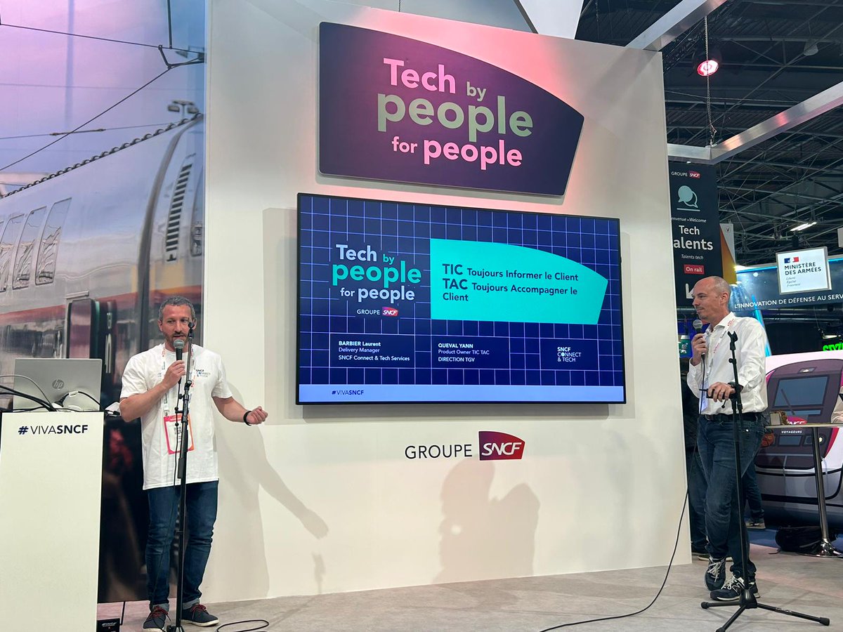 SNCFConnectTech's tweet image. ⏰C'est l'heure pour Laurent Barbier, Delivery Manager &amp;amp; @YannQUEVAL, Product Owner, d'expliquer le projet TIC TAC au micro de #VivaSNCF :
➡️ TIC : Toujours Informer le Client
➡️ TAC : Toujours Accompagner le Client

L'objectif ? Améliorer la satisfaction en situation perturbée !