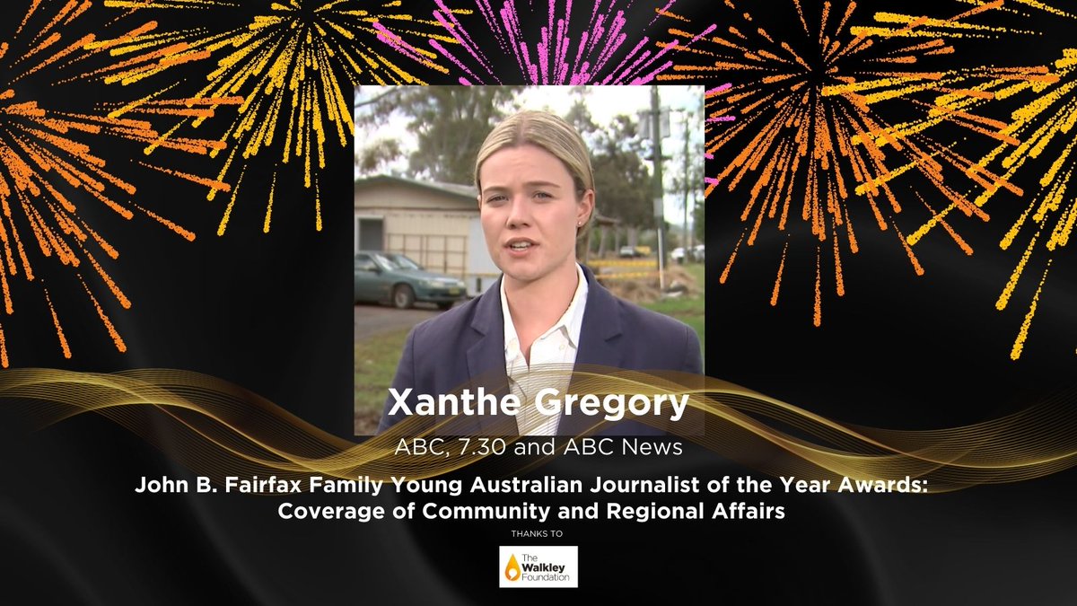 walkleys's tweet photo. Xanthe Gregory (@xanthe_gregory) @abcnews, @abc730 is the winner of the 2023 John B Fairfax Family Young Australian Journalist of the Year Award for Coverage of Community &amp; Regional Affairs. Congratulations! #MidYearAwards https://t.co/QuCKsZzOkH