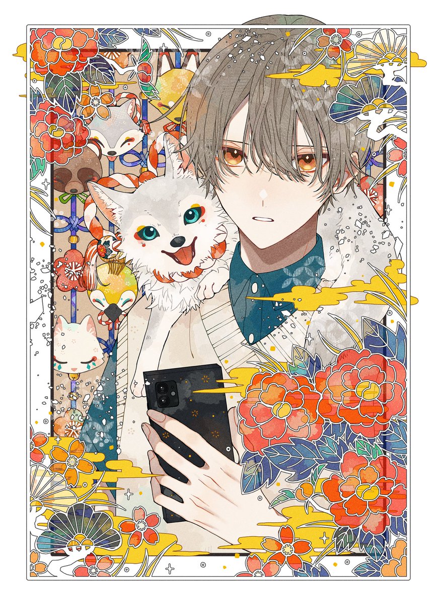 1boy phone male focus holding phone holding flower cellphone  illustration images