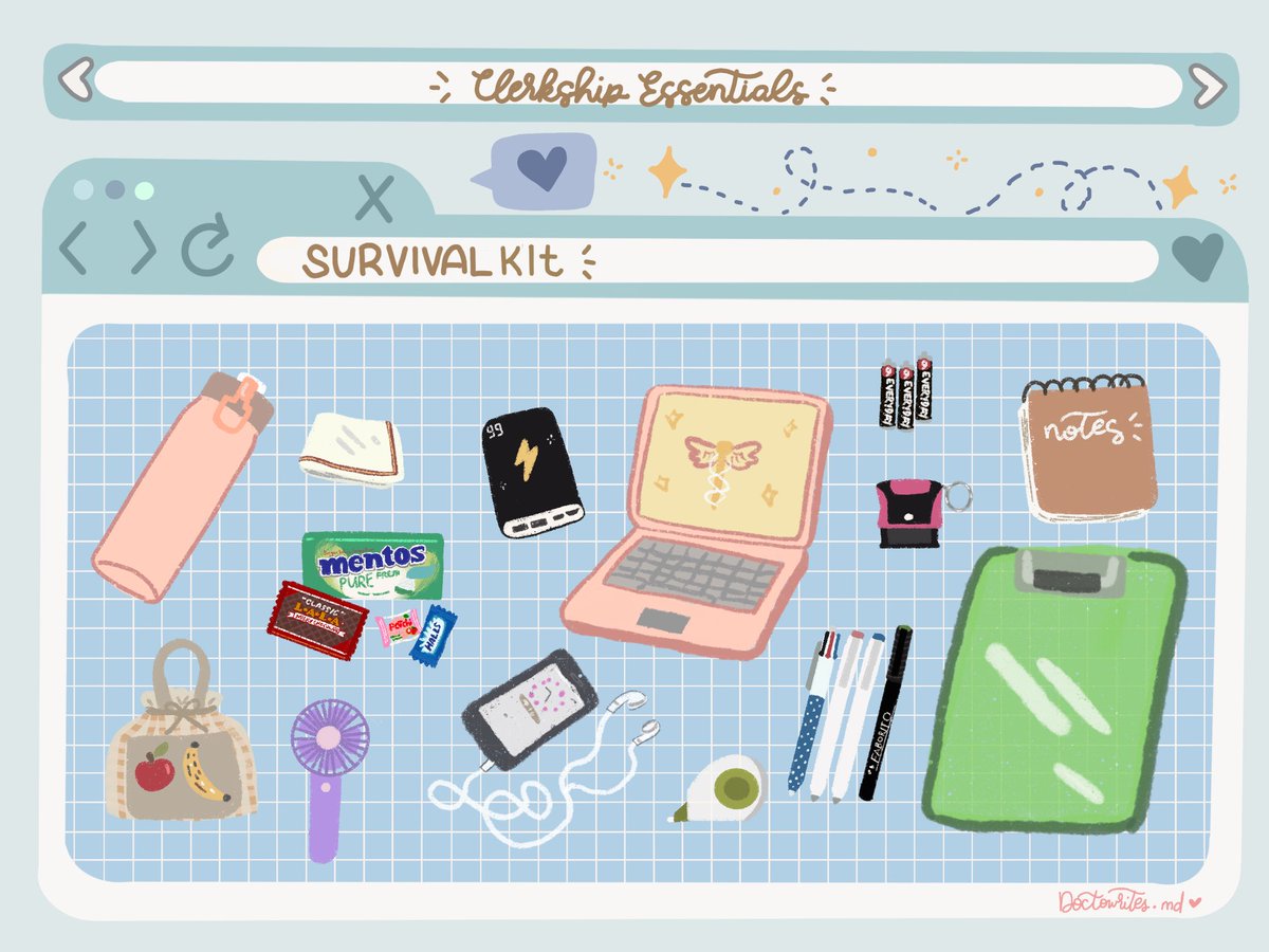 doctowrites_md's tweet image. ✨CLERKSHIP ESSENTIALS✨

DAY 3: Survival Kit 🩺

Tumbler💧: Dahil unli lakaran sa ospital and sobrang init. 
Stay hydrated, u wonderful person ✨
Pwede rin namang kape na deretso laman ng tumbler mo para instant palpitations ganon.