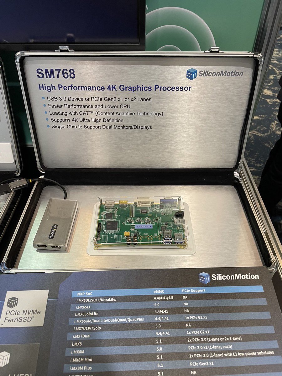 Here we are! #Nxpconnects23 
The Ferri embedded storage solutions are designed for autonomous and automotive applications. The SM768 graphics display SoC is implemented together with an NXP SoC, allowing the NXP platform to support 4K ultra high definition through a USB interface
