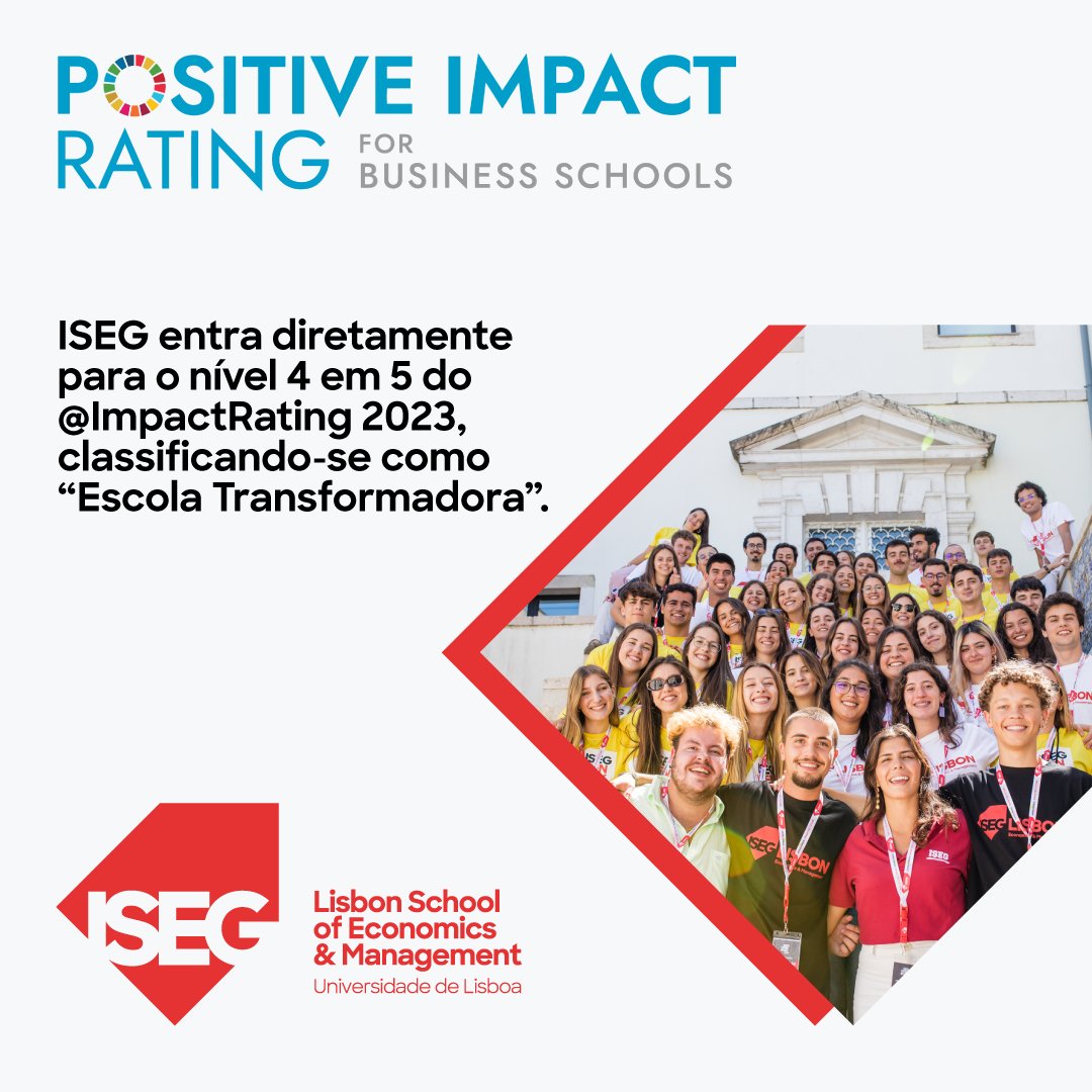 ISEG passa a integrar o Positive Impact Rating (PIR) para Escolas de Gestão. Entra diretamente para o nível 4, em 5 possíveis, classificando-se como “Escola Transformadora”. O PIR avalia o impacto positivo das escolas de gestão, dando voz aos estudantes.

#lifeatISEG