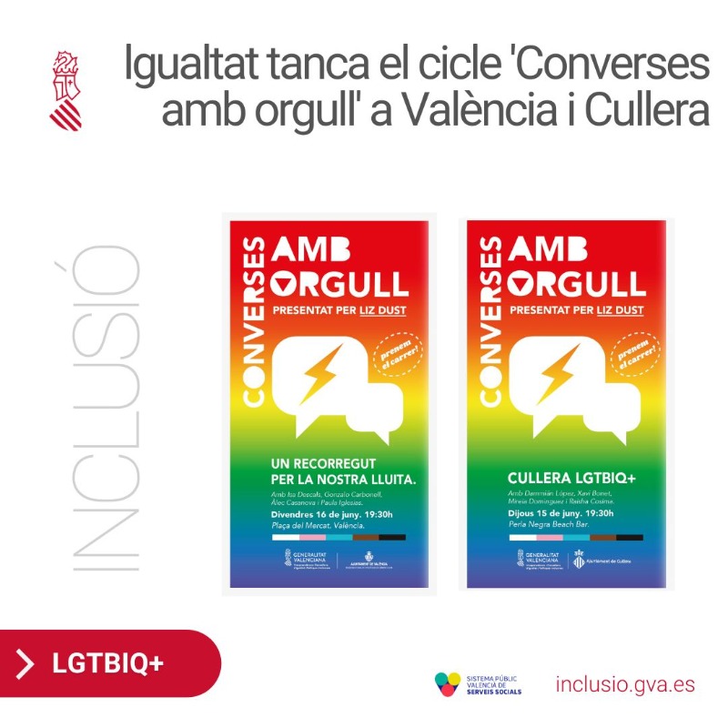 GVAIgualtat's tweet photo. 🏳️🌈 @GVAinclusio tanca el cicle #ConversesambOrgull amb dues trobades a Cullera i València per a acostar a la ciutadania la realitat i drets #LGTBIQ+
✅Cullera, 15/6
✅València, 16/06
🗣 Conduïdes per #LizDust
#Orgull2023 #OrgullLGTBI @AjuntamentVLC @MIA_Cullera