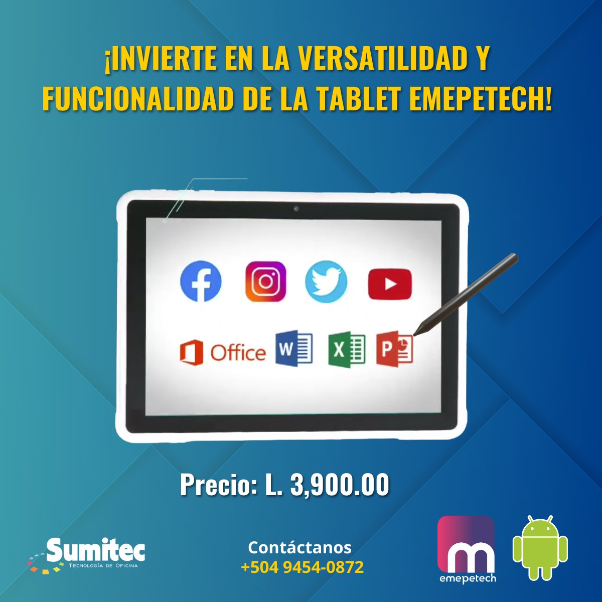 Sumitechn's tweet photo. Dale un impulso a tus metas y proyectos con la tablet EMEPETECH en este décimo cuarto mes. Su sistema operativo Android te brinda la libertad y versatilidad que necesitas para destacar en tu negocio y vida personal. 📚📈

Contáctanos para más información. Tel. 9454-0872
#Honduras https://t.co/uEzIweAAUq