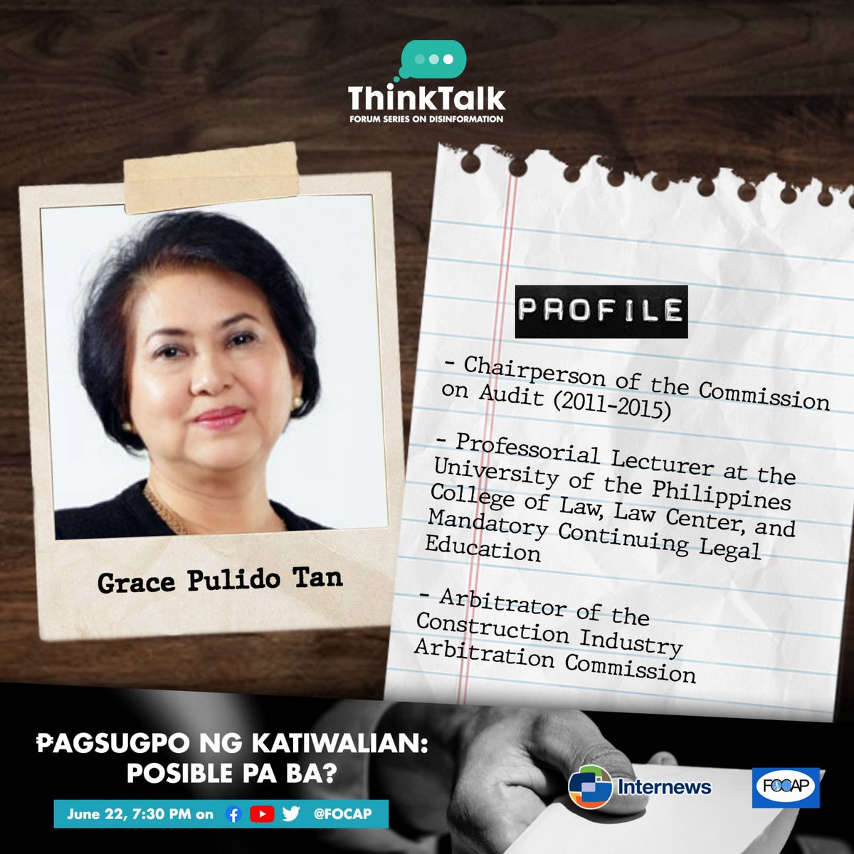 focapmedia's tweet photo. Bilang dating Chairperson ng Commission on Audit, maraming katiwalian na ang nasaksihan at inimbestigahan ni Grace Pulido Tan. Sa kabila nito, naniniwala pa rin kaya siya na masusugpo ang corruption sa Pilipinas?

#ThinkTalk | June 22 | 7:30 PM https://t.co/zyBdffp9uF