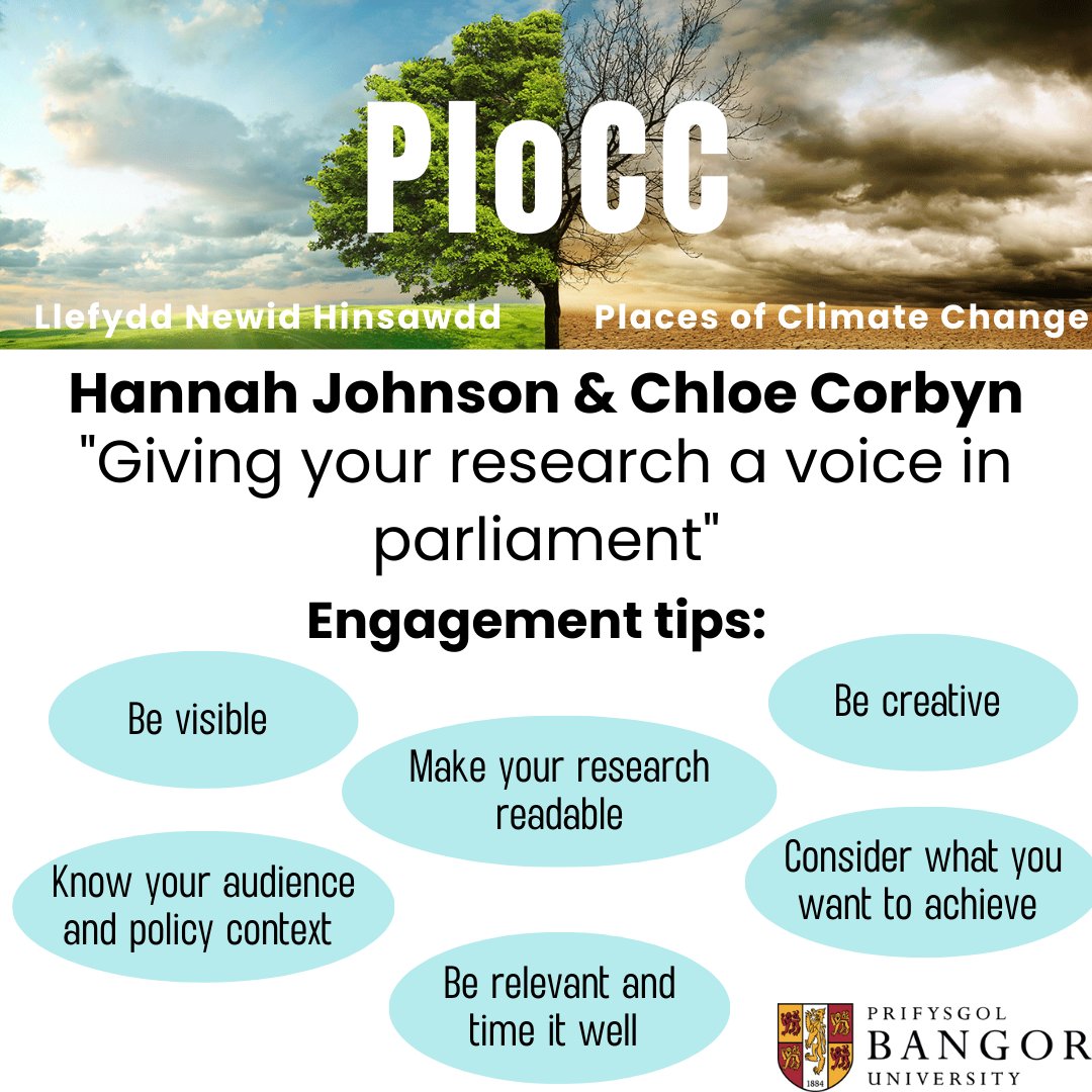 Many thanks to Hannah Johnson &amp; Chloe Corbyn for their brilliant seminar yesterday surrounding the importance of research within parliament and how to give your research a voice in the Senedd. Below are some of the engagement tips Hannah outlined during the talk
<a href="/BangorUni/">Bangor University</a>