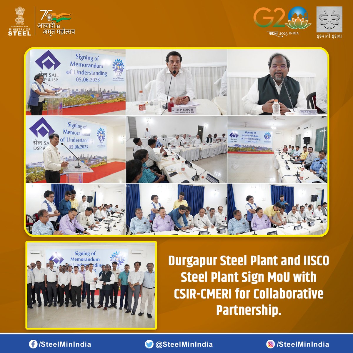SteelMinIndia's tweet image. दुर्गापुर स्टील प्लांट और इस्को स्टील प्लांट ने सहयोग बढ़ाने के लिए @CSIR_CMERI के साथ पार्टनरशिप की है। सम्मानित अधिकारियों के साथ 5 जून, 2023 को समझौता ज्ञापन पर हस्ताक्षर किए गए। 

#SAIL #SAILsteel #IISCOSteelPlant #Partnership #SteelIndustry #MoU