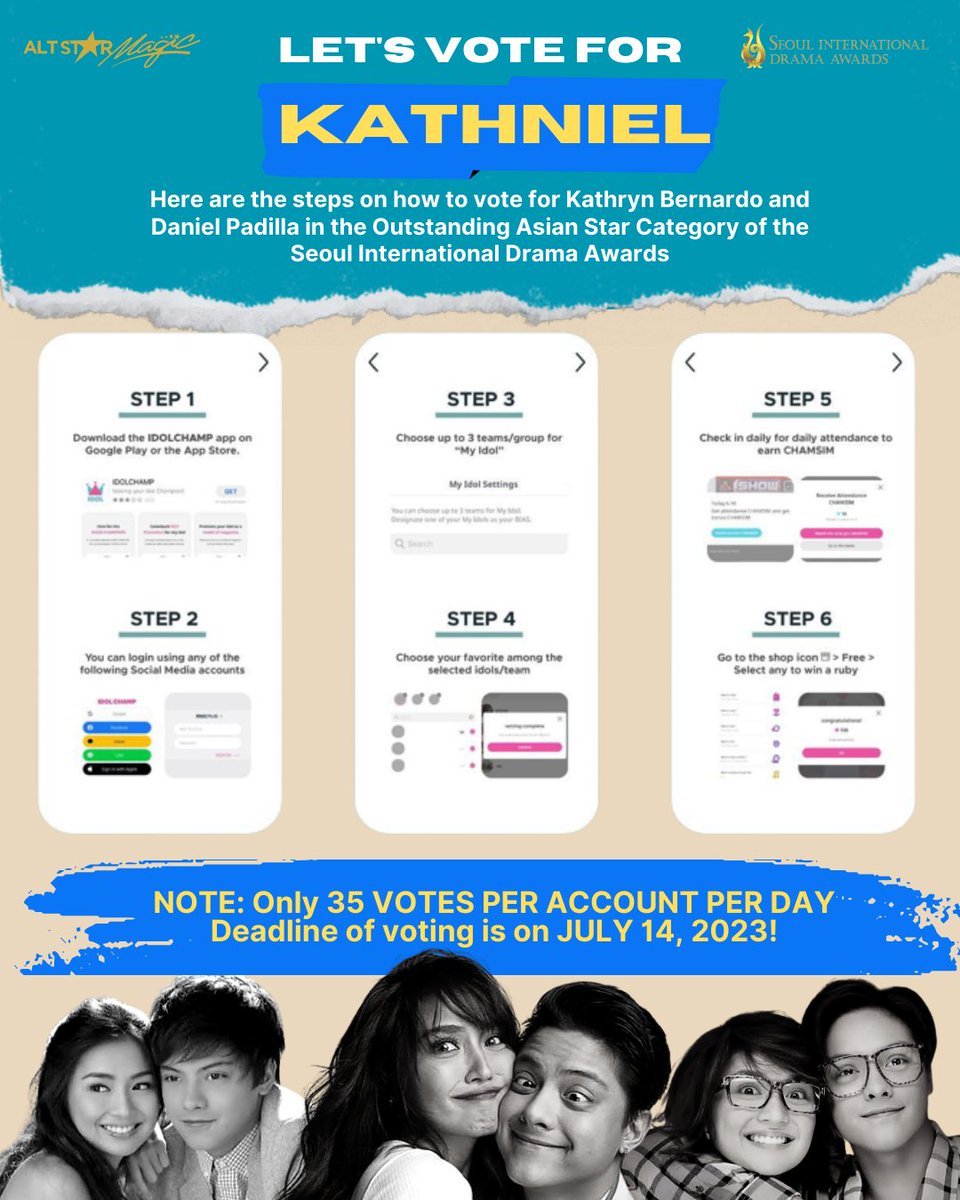 LOOK: Here are the quick and easy steps on how to vote for <a href="/bernardokath/">KATH 🐘</a> and <a href="/imdanielpadilla/">Daniel Padilla</a> or #KathNiel in the IDOLCHAMP app for the Outstanding Asian Star Category of the Seoul International Drama Awards

Take note that only 35 VOTES PER ACCOUNT PER DAY only and deadline is