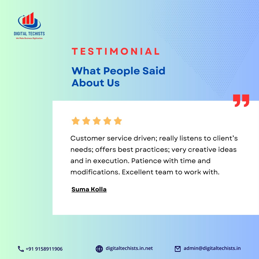 DigitalTechist3's tweet image. Thank you so much for the kind words Mam. It was pleasure working woth you. Glad we get lovely co-operation from you. We would love to work again with you. Lots of Love.
Call: +91 9158911906
Email: admin@digitaltechists.in
digitaltechists.in.net
#digitaltechists #websitecreation