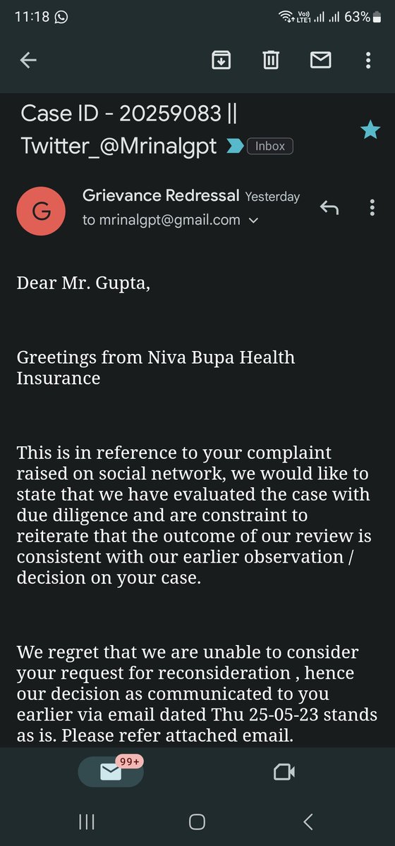 Mrinalgpt's tweet photo. @Niva_Bupa 
Again Claim 1212584 got rejected without specifying the solid reason and why attached documents are not considered is not specified by you guys why? ATTACHED THE SCREENSHOT OF THE MAIL.
@irdaindia 
@jagograhakjago 
@consumerforum_ https://t.co/xBDTskZwxG