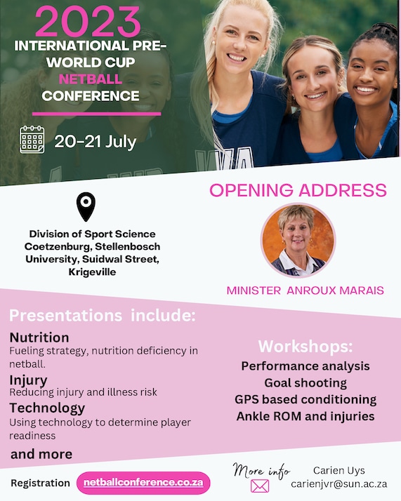 MatiesSportSci's tweet photo. The 2023 International Pre-World Cup Netball Conference is a two-day event that will be held in Stellenbosch, South Africa from 21-22 July.
https://t.co/fXGGeRfmI4
#netball #netballcoach #netballworldcup2023 #netballconference https://t.co/R9PG9WJTCS