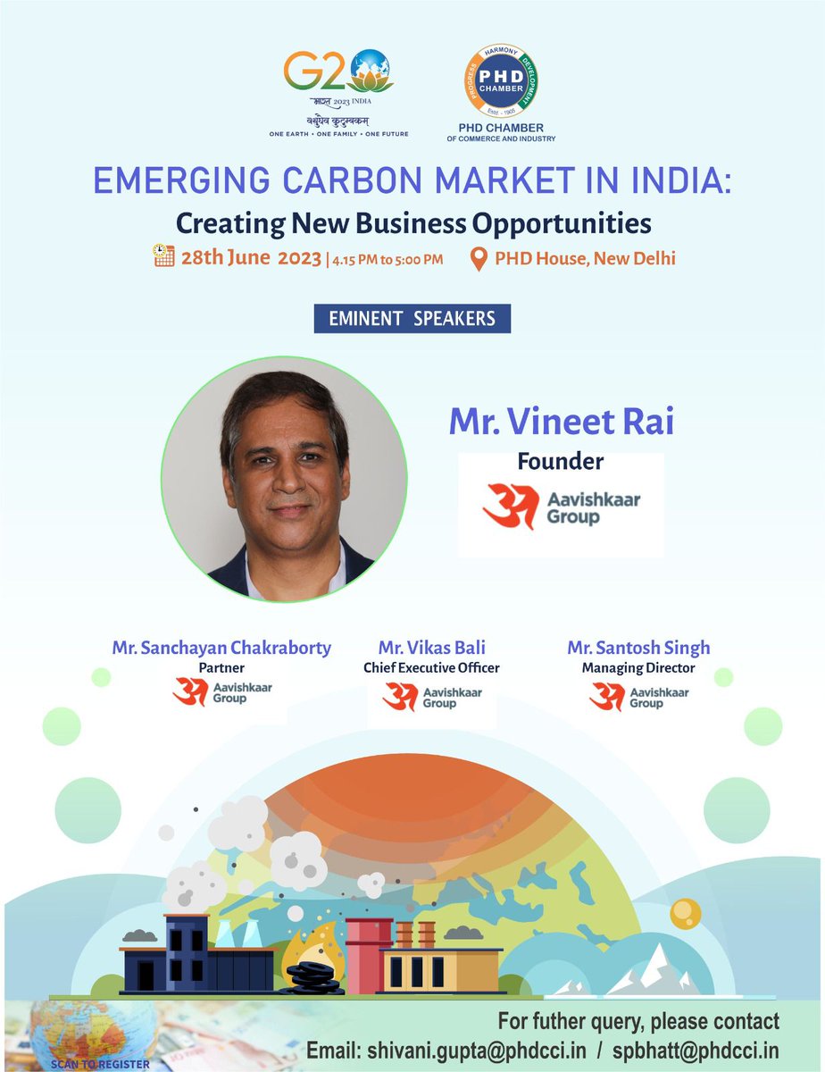 Join us on 28th June 2023 to gain insights into India's emerging Carbon Market. Mr Vineet Rai, Founder of Aavishkaar Group, and three experts will present exciting business prospects for the future. Don't miss out!

#PHDCCI #CarbonMarket #NewBusinessOpportunities #AavishkaarGroup