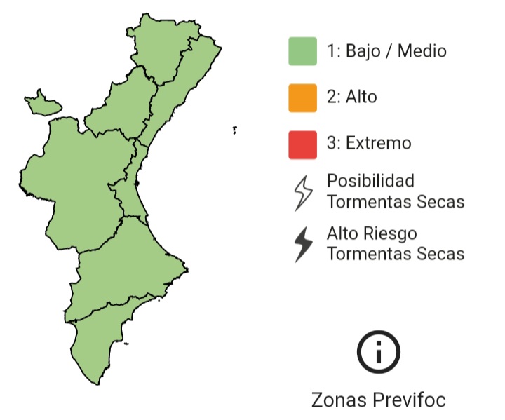 🔥El nivell de preemergència per risc d'incendis forestals hui 15/06 és:  

 🟢Baix mitjà a tota la Comunitat Valenciana.

 #StopAlFoc