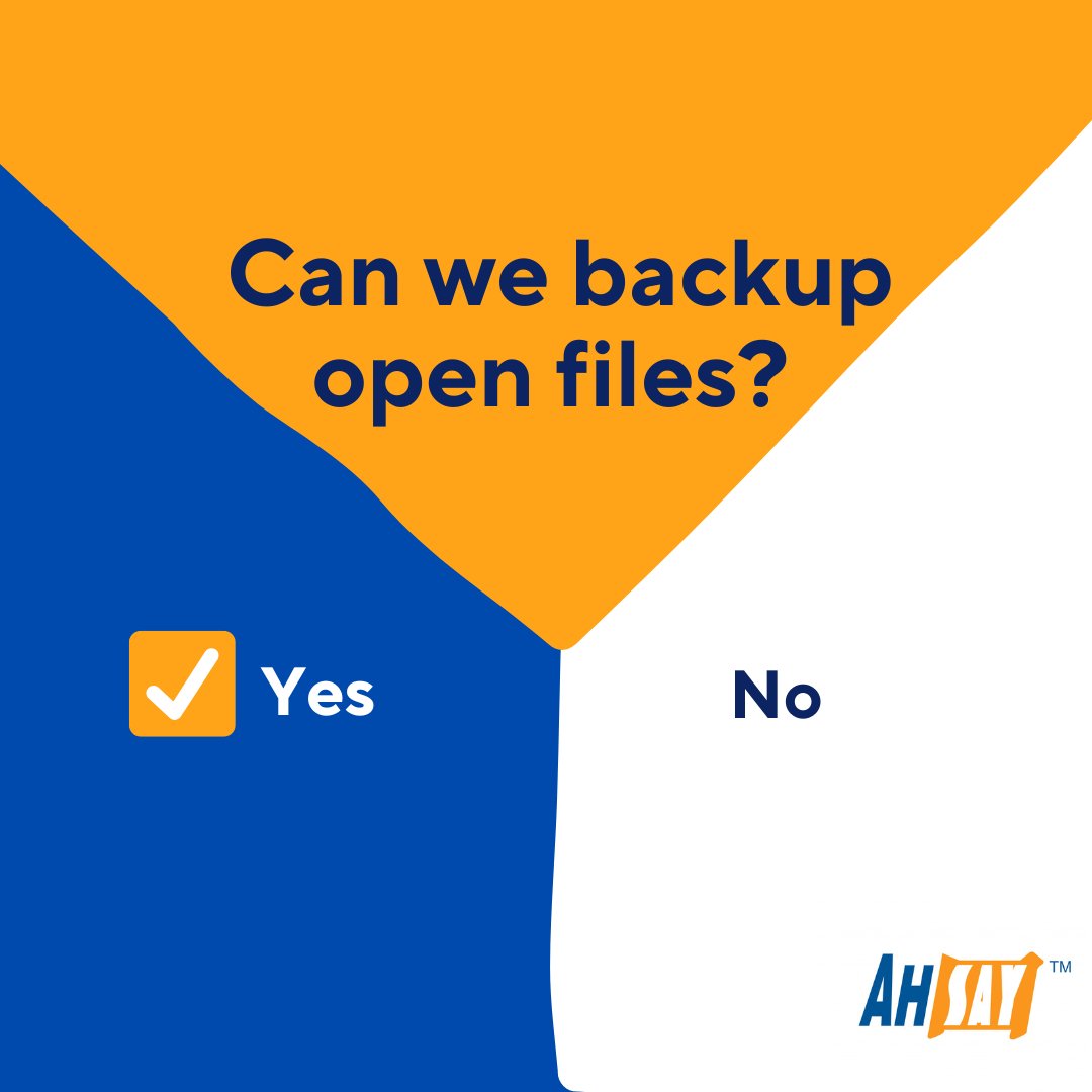 ahsay's tweet image. 【Can we back up open files? 】
Ahsay ensures your #filebackups are always complete and reliable. It uses Microsoft VSS (Volume Shadow Copy service) to back up open files without any interruption. ahsay.com
