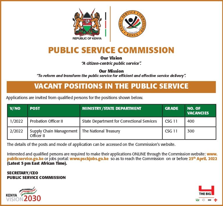 UPDATE: This is to inform you that the Commission has shortlisted and commenced interviews for Probation Officer II (CSG 11) V. No. 1/2022 vacancies advertised on 5th April 2022.

If you had applied for the position, kindly check your portal for updates and interview date.