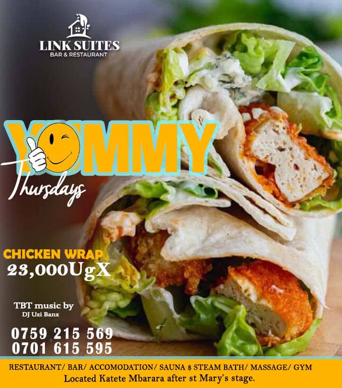 LINK | SUITES | RESTAURANT 
PRESENTS 
🔥🔥🔥🔥🔥🔥🔥🔥
YUMMY YUMMY THURSDAY'S 

FOOD PROMOTION:
We give you a break fast,lunch &amp; Dinner combo made of toasted bread, sausage, grilled bacon, fried eggs, and baked beans,Beef Wrap@16k WITH A QUENCH OF JUICE @7K